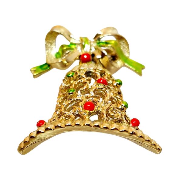 Gerry's Christmas Bell Brooch Gold Red Green Enamel Holiday Pin Vintage 1970s - Picture 2 of 6